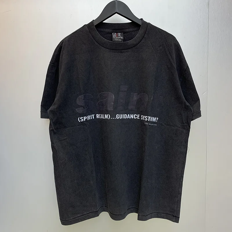 Simple Letters Logo Print Saint T Shirt Men Women High Street Vintage Washed Black Tee Top Oversized 100% Cotton T-Shirt