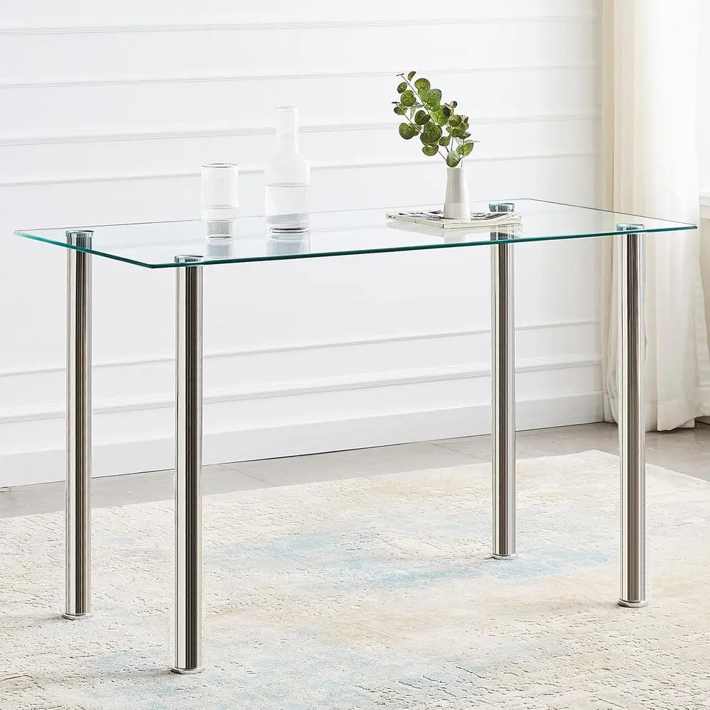 Ensemble de table à manger rectangulaire à 4 places avec dessus en verre et chaises en simili cuir pour la cuisine de la maison