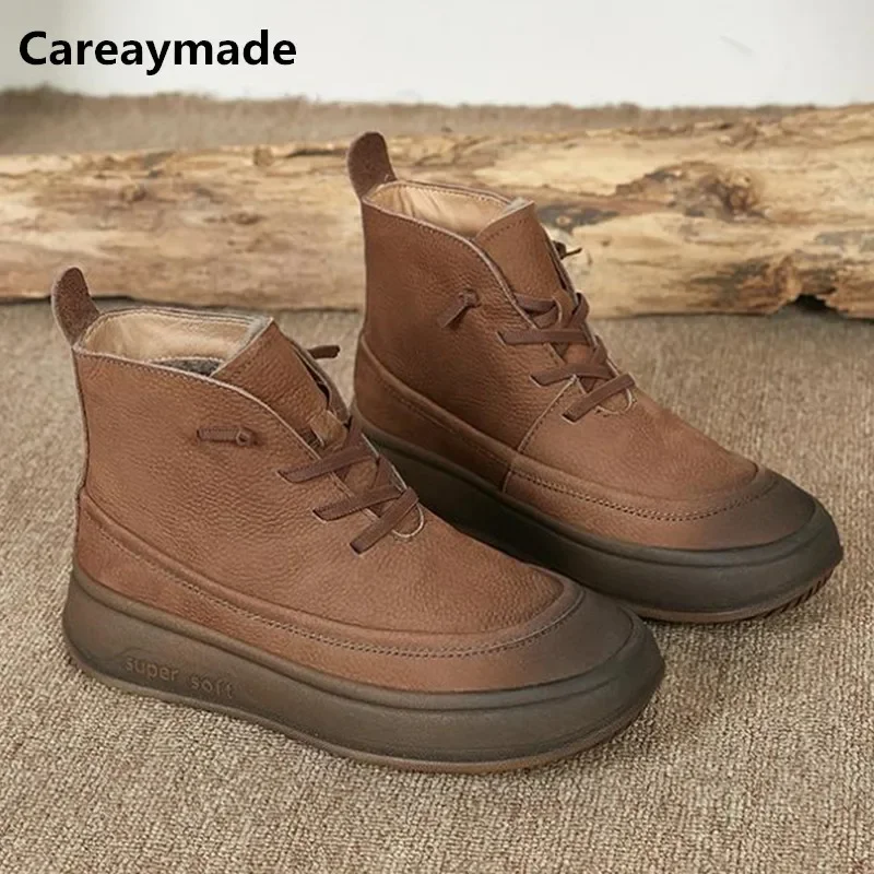 Careaymade-Genuine leather short boots Spring manual thick soled women\'s boots Cowhide wool Casual boots Oversized shoes 35-42