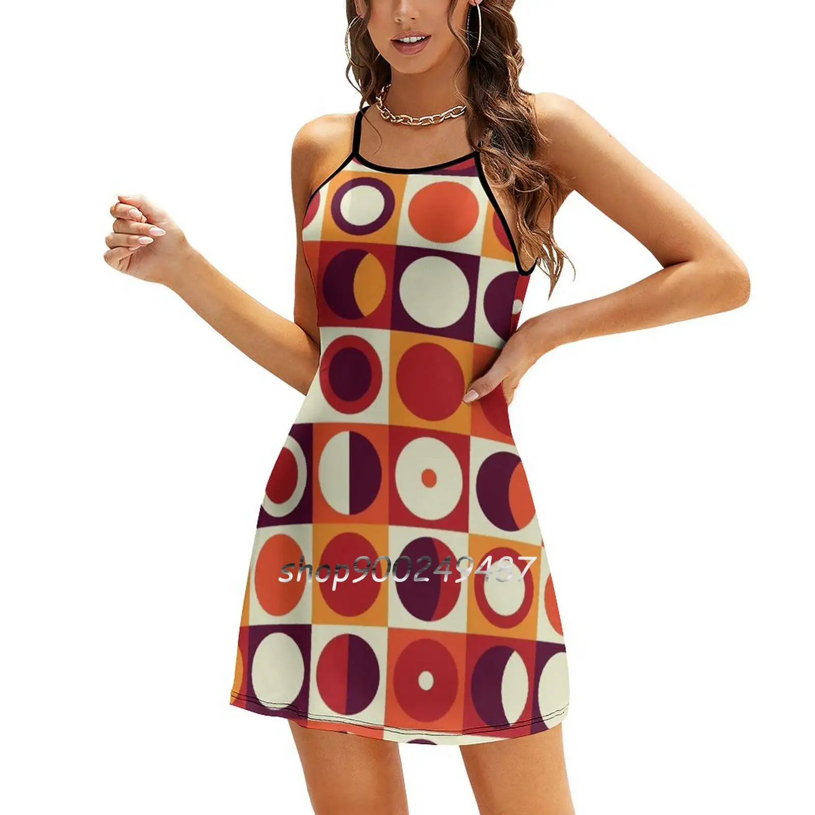 Orangy 70S Pattern Square Neck Dress Sweet Summer Dress Women Elegant Halter Print Dress Orange Geometry Geometric Squares