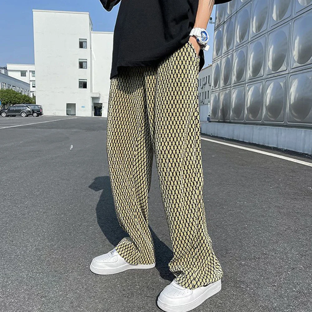 Mens Ice Silk Plaid Loose Wide Leg Pleated Pants Fashion Hip Hop Y2k Streetwear