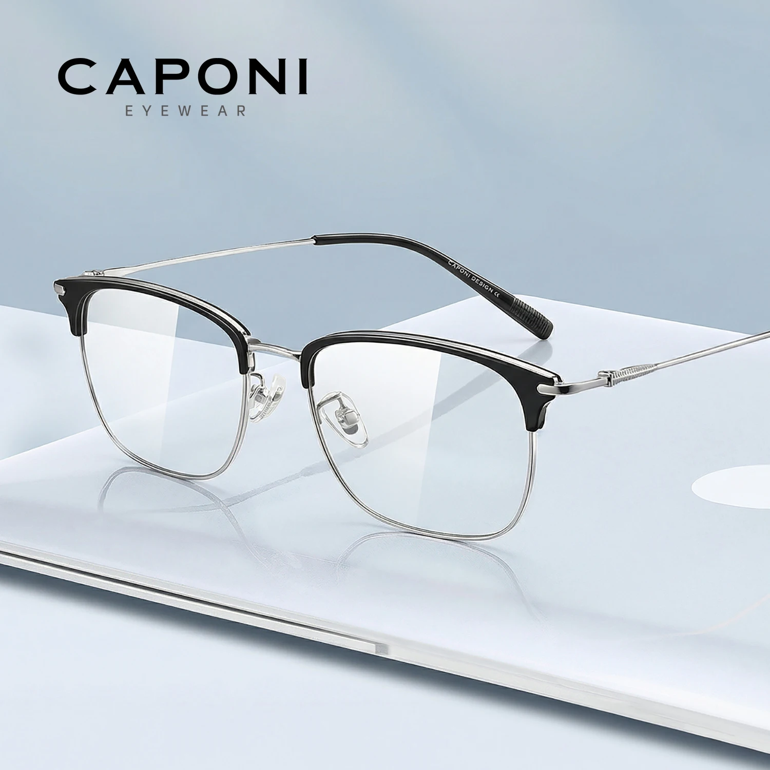 CAPONI Simple Men Glasses Frame Titanium Glasses Frame Daily Use Light Original Photochromism Anti Blue Ray Black Eyewear J36401
