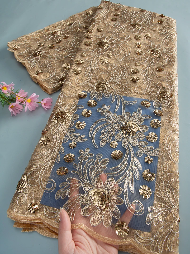 

French Mesh Lace Fabric Latest African Lace Embroidey Tulle Fabrics Sequins 2026 High Quality for Sewing Dresses 5yards TY4668