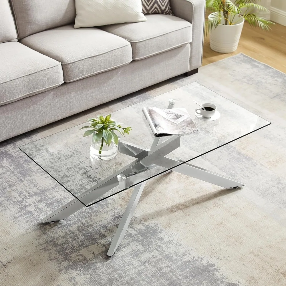 Rectangle Modern Coffee Table, Tempered Glass Top and Metal Tubular Leg, 47.3”Lx23.6”Wx18.1”H, Silver Coffee Table