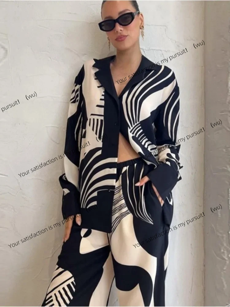 

Комплекты с длинными брюками, осенняя новая рубашка с длинным рукавом, свободный принт, повседневные комплекты из 2 предметов, женский наряд, женский комплект из двух предметов для офиса