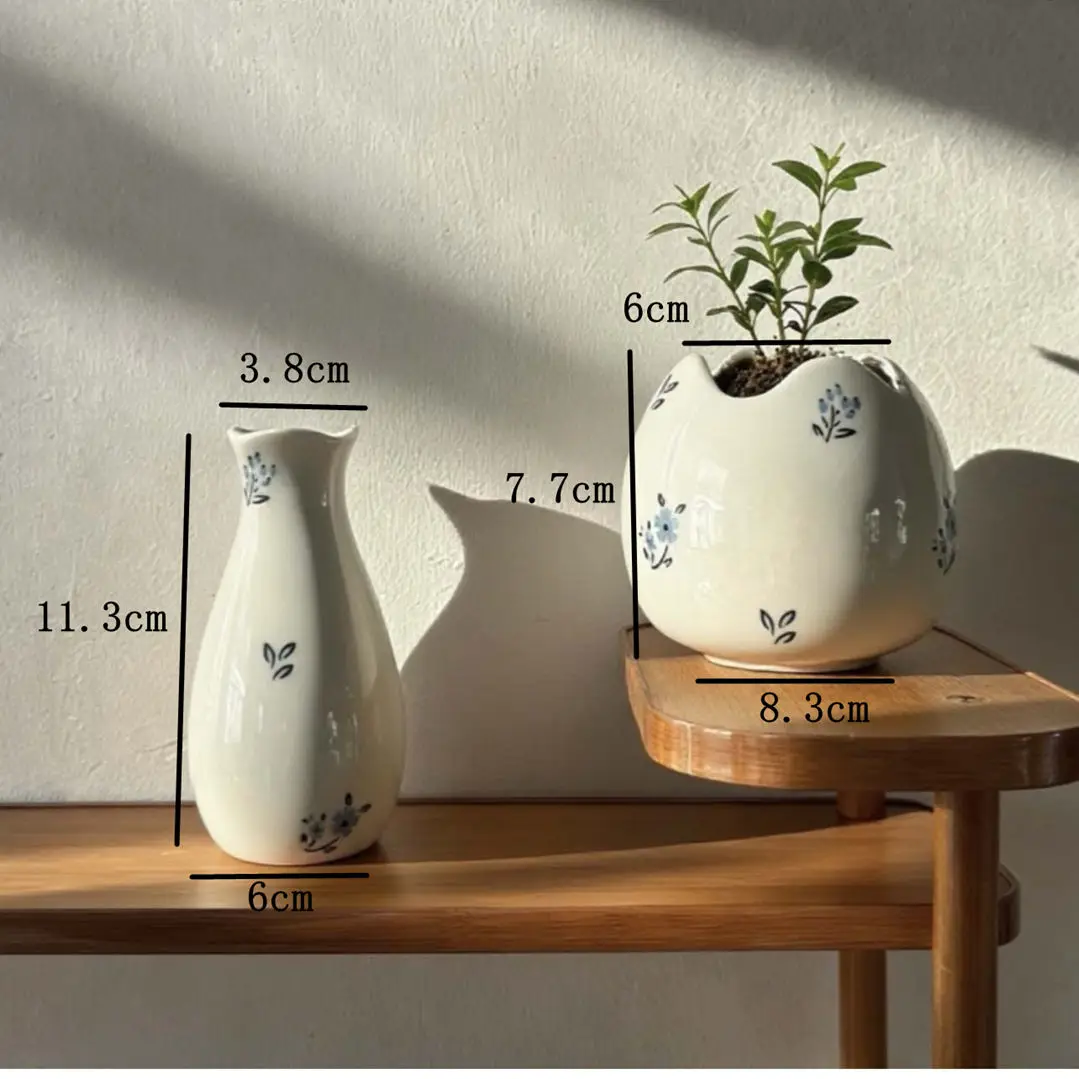 Juego de Jarrones de Cerámica con Diseño Floral Azul Vintage, Mini Maceta para Decoración del Hogar, Adorno de Mesa Premium para Suculentas y Arreglos Florales
