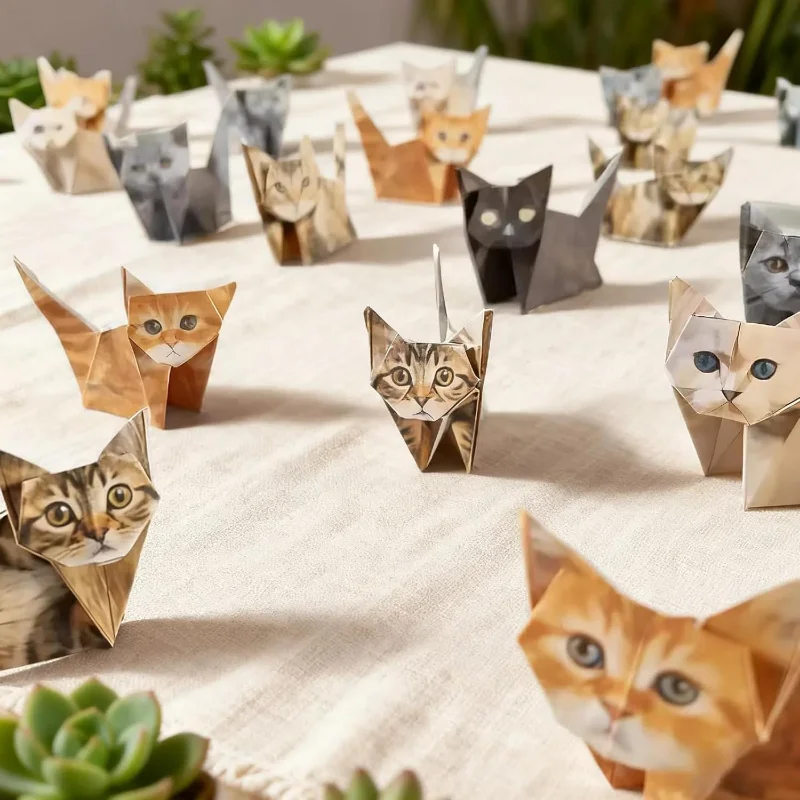 Gats en papier DIY - 50 feuilles de papier Origami DIY pour plier des figurines de chat mignonnes, décoration de bureau d'activité artisanale amusante et cadeau pour les amoureux des animaux de compagnie