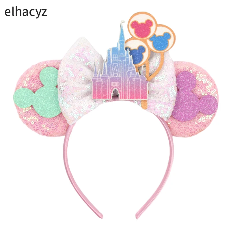 2024 Disney Castle Fireworks Mouse Ears Headband Sequins Bow Hairband For Girls Children Featival Party DIY Headwear Accessories