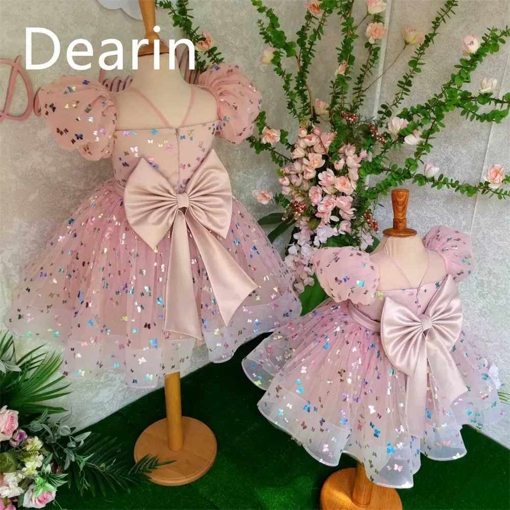 Customized Flower Girl Dress Evening Gown Dearin V-neck A-line Mini Length Skirts Tulle Bow Es Formal Pr