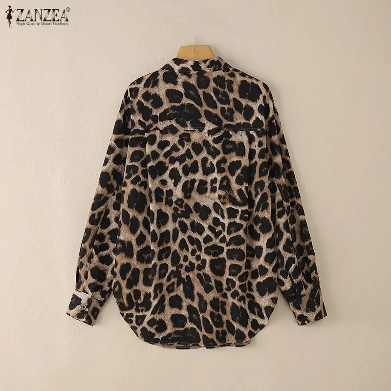 เสื้อเชิ้ตผู้หญิงทรงโอเวอร์ไซส์ แขนยาว คอปก ติดกระดุม ชายเสื้อโค้ง ลายเสือดาว แบรนด์ ZANZEA สำหรับฤดูใบไม้ผลิ ไซส์ S-3XL