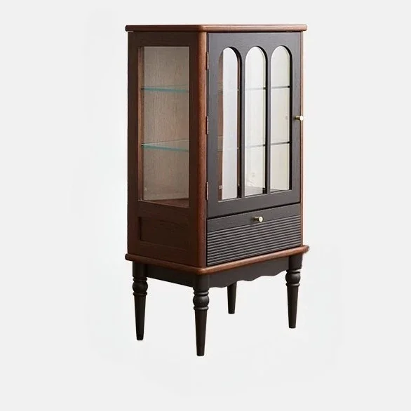 

French retro solid wood glass wine cabinet, small apartment medium and ancient style floor storage locker