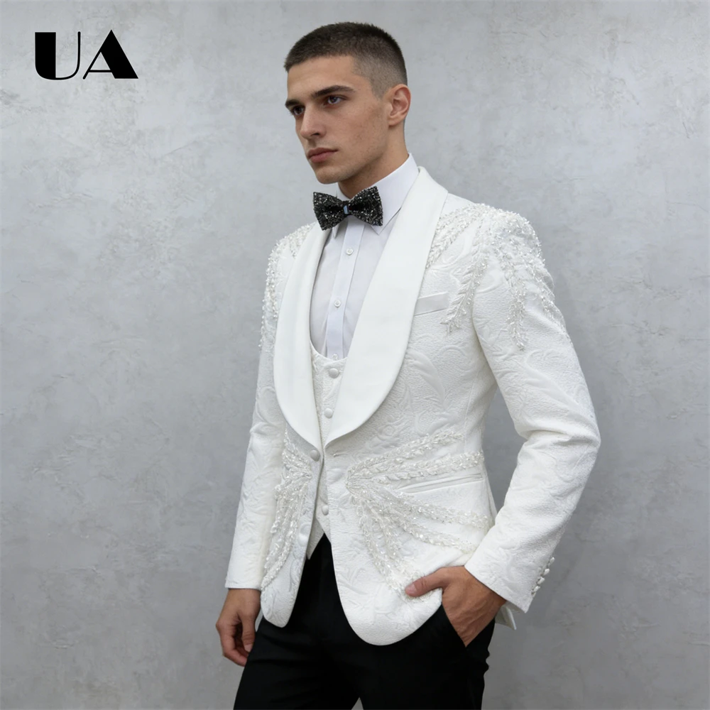 

Luxury Men's 3-Piece Suit Set (Jacket Vest Pants) Party Prom Suit Attire One Button Beaded Suit Blazer Wedding Groom Suits