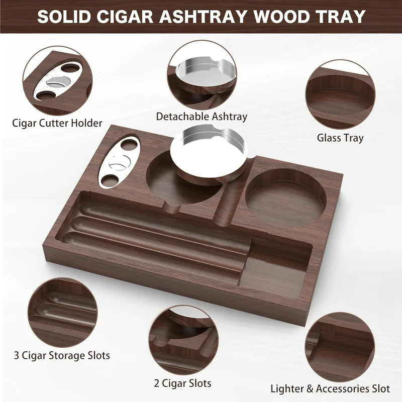 New Cigar Ashtray with Cigar Cutter Cigar Accessories Whiskey Glass Tray Detachable Outdoor 7 Slots Cigar Holder Gift for Men