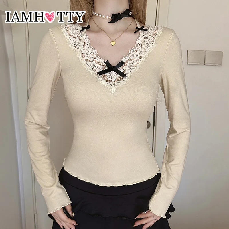 IAMHOTTY Multi Bows Decorate Halter-neck Top Coquette Aesthetic Lace Patchwork Long Sleeve T-shirts Y2K Slim-fitting V-neck Tees