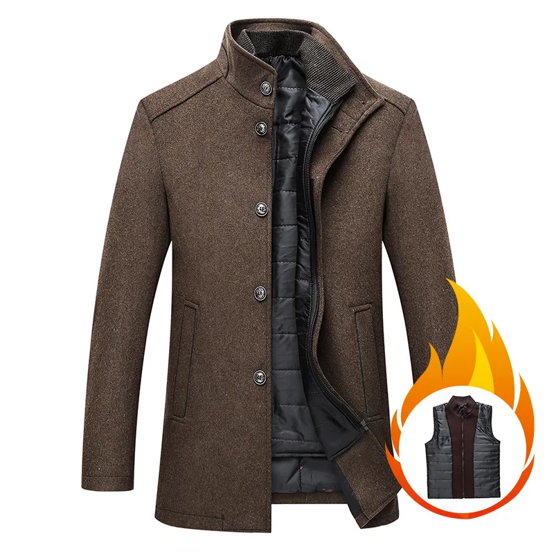 KIDWHXR Autumn Winter Man Wool Blends Jacket Vinatge Stand Collar Male Overcoat Business Casual Long Sleeve Men Outerwear