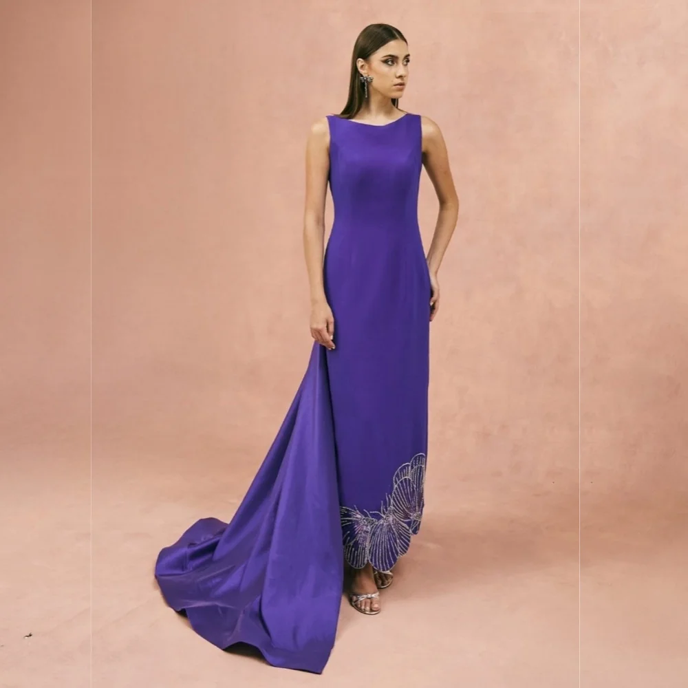 

Customized Evening Dress Jersey Pattern Beading Violet Straight Long Dresses Bespoke Occasion Glitter Elegant Party Wedding