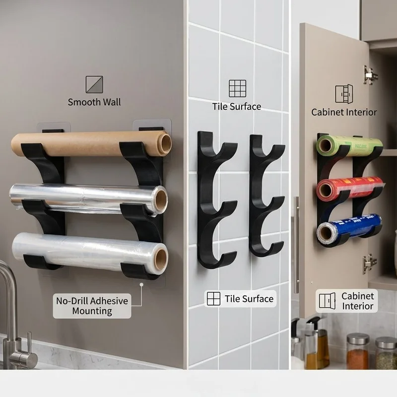 Lot de 2 supports muraux de rangement pour cuisine, capacité 3 rouleaux de papier, papier aluminium ≤50mm, sans perçage, s'adapte aux portes d'armoires et aux carreaux, sans dommage pour la surface