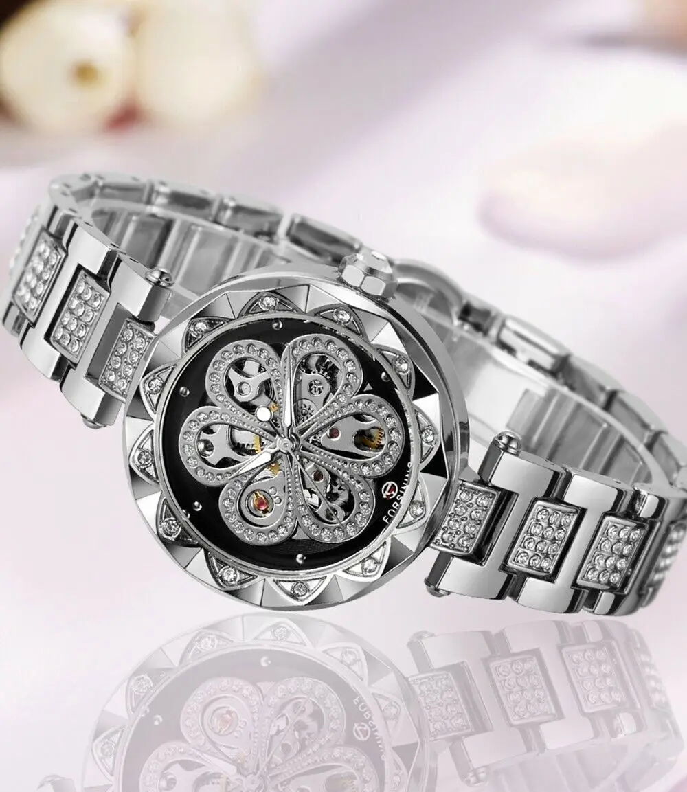 Women Transparent Steampunk Silver Skeleton Mechanical Stainless Steel Watch New