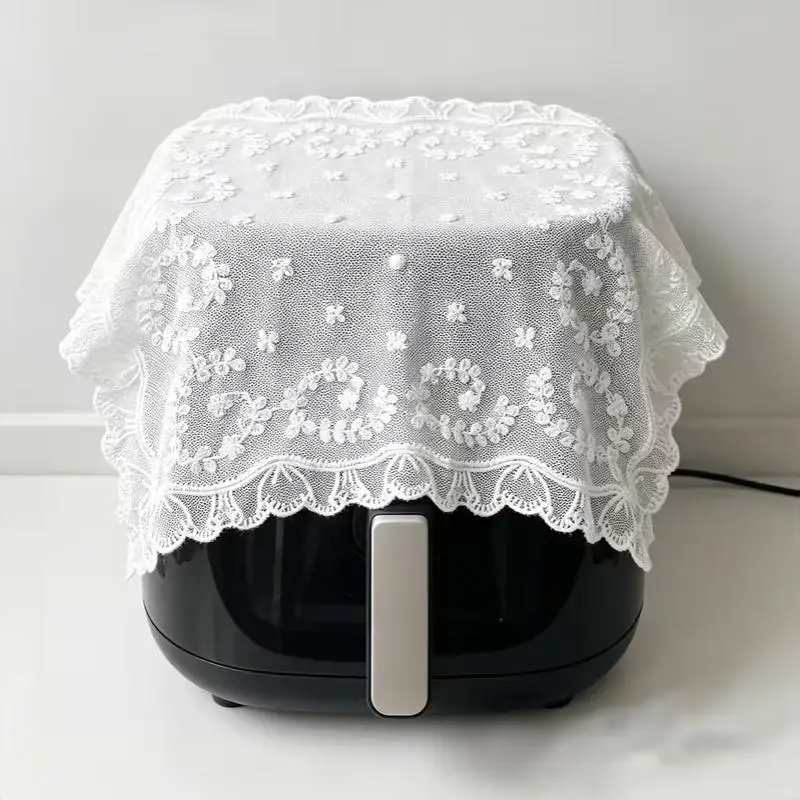 White Lace Dustproof Cover Square Air Fryer: Electric Rice Pot Oilproof Pressure Cooker Protector
