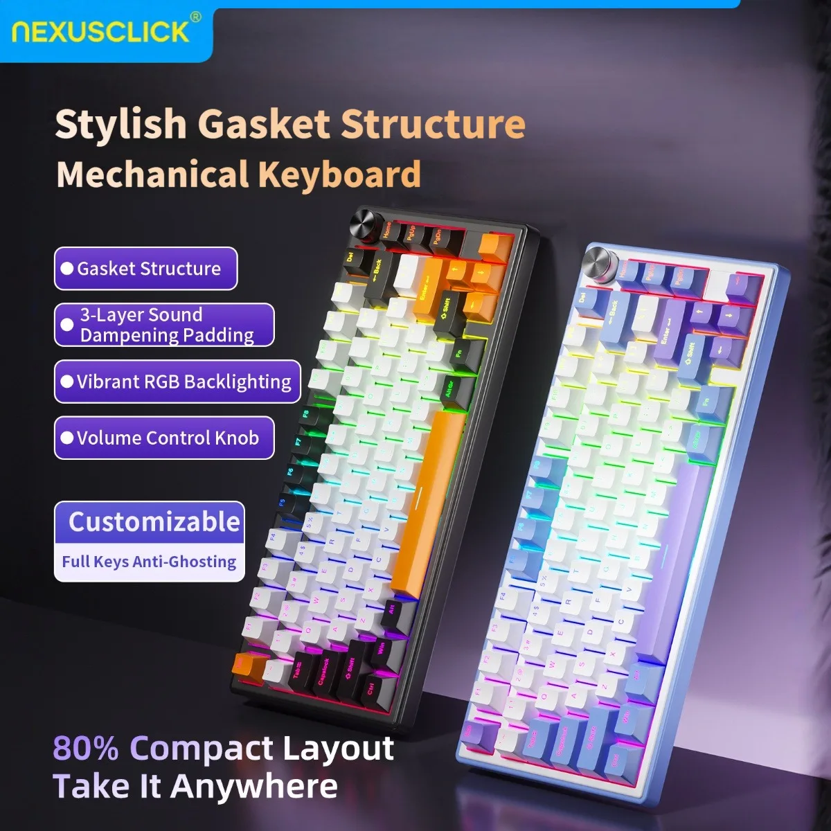NEXUSCLICK K80 80% Compact Wired Mechanical Gaming Keyboard, Full Keys Hot-Swap Multiple Colorways RGB Backlight Volume Knob