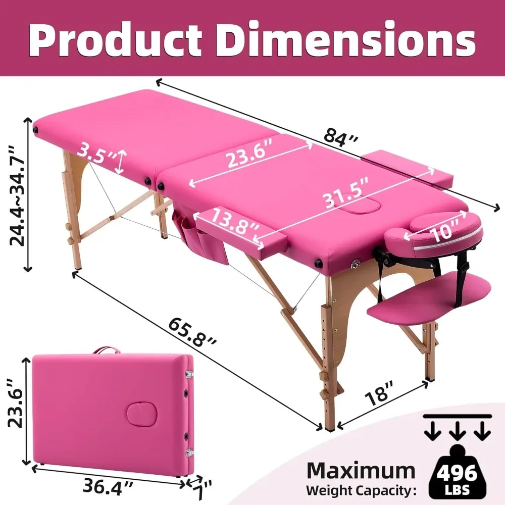 Mesa de massagem portátil com acessórios, mesa rosa, 29 lbs peso leve, 2 seção, cama dobrável tatuagem, bolsa de transporte