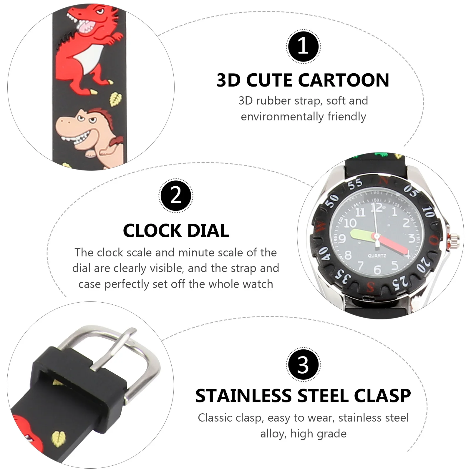 's 3D Cartoon Silicone Watch Waterproof Quartz Movement for Time Learning Tool Gift Dinosaur Black