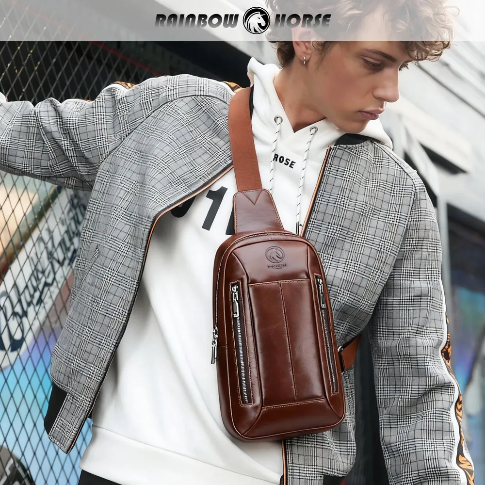 

Хит продаж: мужская кожаная нагрудная сумка в ретро-стиле, кофейного цвета, простая, для повседневного использования, легкая, для активного отдыха, модная сумка через плечо.