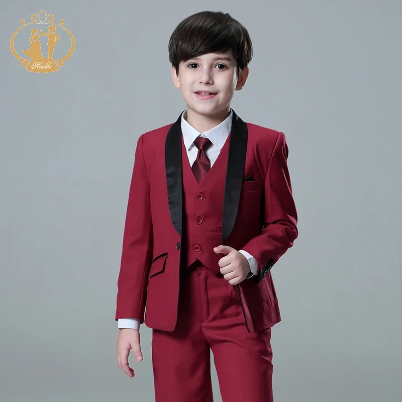 

Spring Autumn Formal Boys Suit Set Children Party Host Wedding Costume Kids Red Blazer Vest Pants Wholesale Clothing Sets