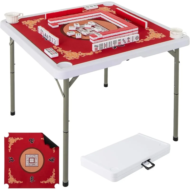 

Mahjong Table, 35" Square Folding Card Table W/4Cup Holders, Anti Slip Mat, HDPE Tabletop, Metal Legs, Domino Game