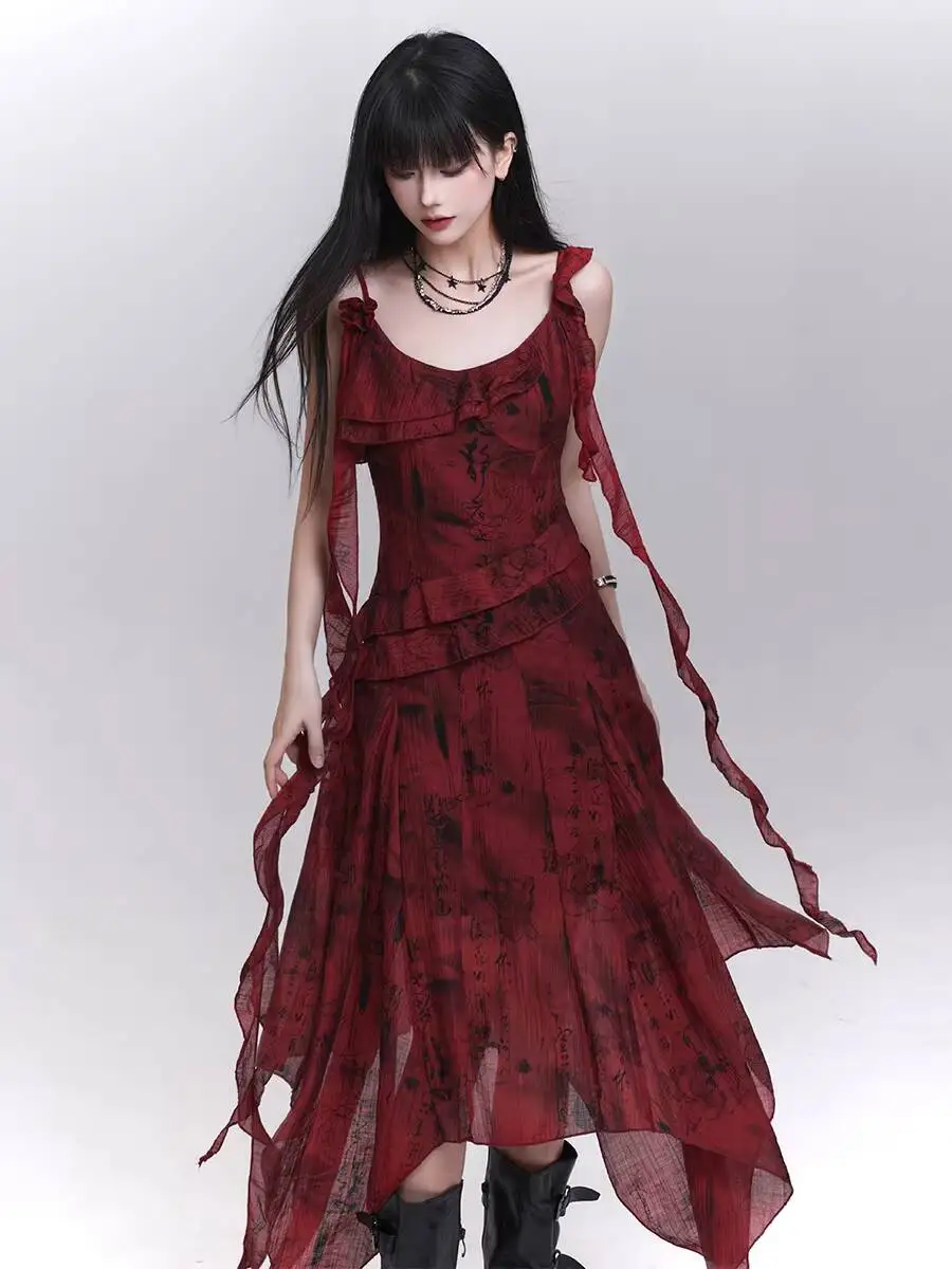 Punk Women Strap Dress Irregular Red Cami Dress Ghost Girl Stunning Slip Dress For Beach Vacation Concert Outfit