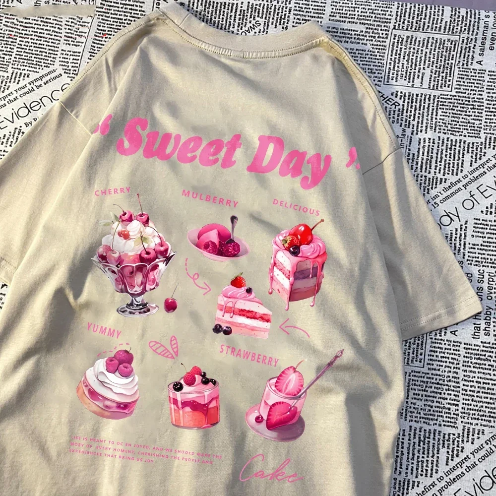Sweet Day Pink Ice Cream Cake Printed Streetwear Soft Breathable Trend Female Clothes Cake Pattern Sweet Style Clothing