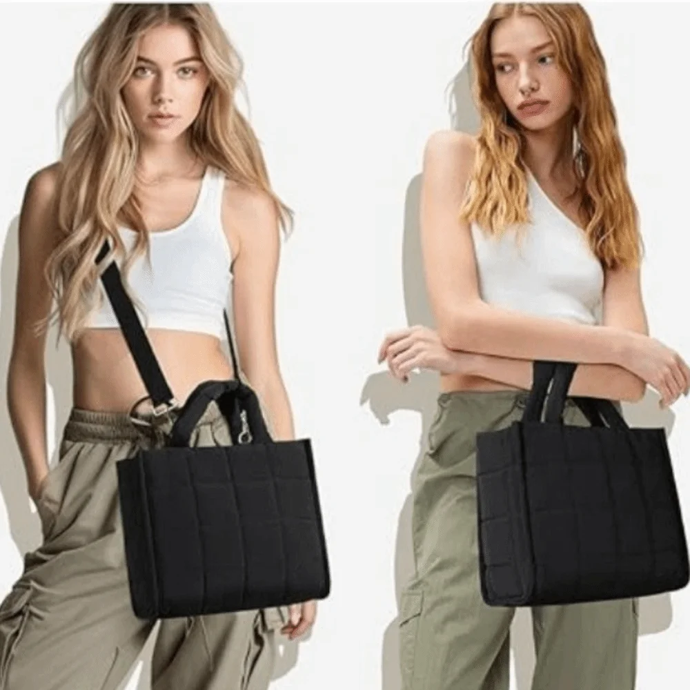 

Lightweight Quilted Tote Bag Detachable Strap Multi-Pocket Crossbody Bag Nylon Large Capacity Puffer Bag Women