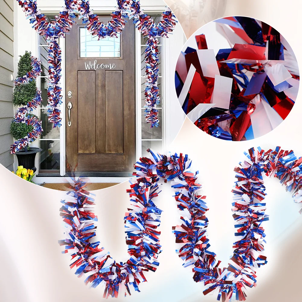Red White Blue Tinsel Garlands Wreath Flag Sequin Tinsel Garland Banner Home Wall Hanging 4th Of July Party Decoration