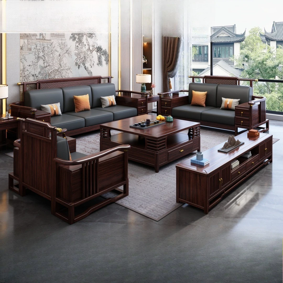 New Chinese Black Gold Wood Sofa Living Room Villa Large Solid Wood Sofa Winter and Summer Dual-purpose Storage  Large Sofa