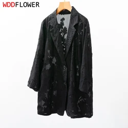 Luxurious Women Silk Blazer 100% Mulberry Gambiered Silk Black 3/4 Sleeve Buttons Down Fashion Jacket Coat Office Work M1025