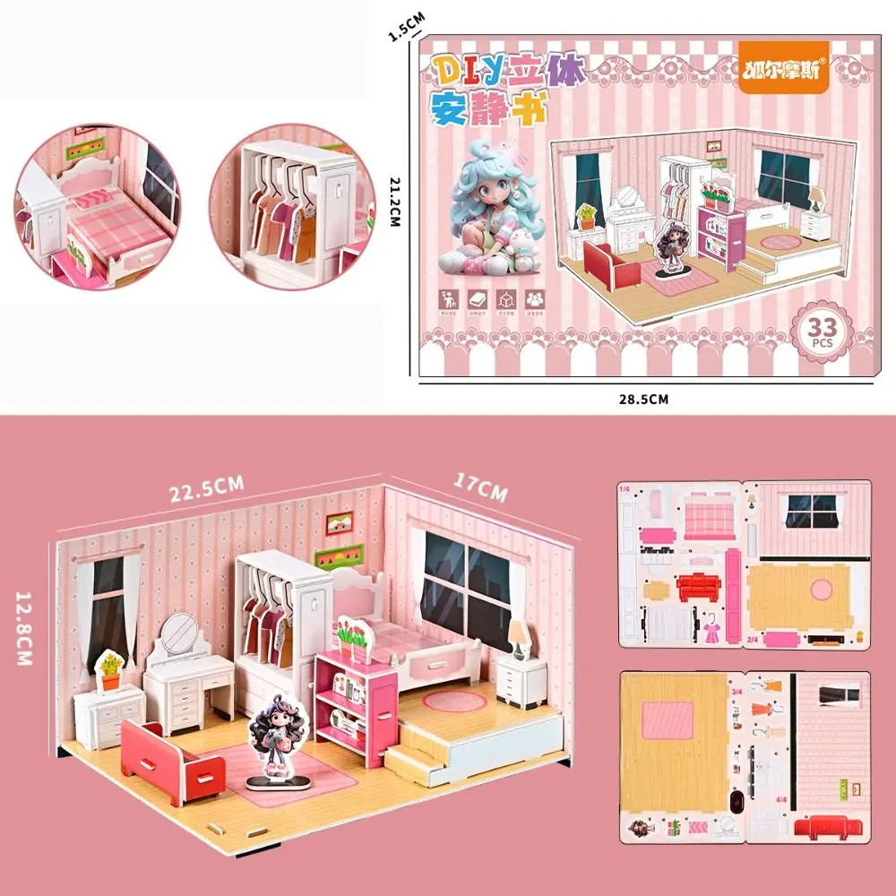 Bedroom DIY Puzzle Dollhouse Room Kitchen Living Room Pretend Play Paper Doll House Handmade Bathroom 3D Paper Puzzle Room Girls