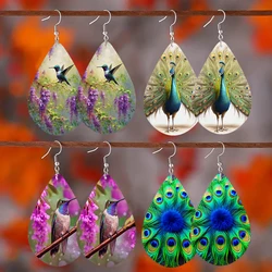SOMESOOR Trendy Peacock Feather Print Small Teardrop Shaped Earrings Hummingbird Earrings Cute Animals Pendant Dangle Jewelry