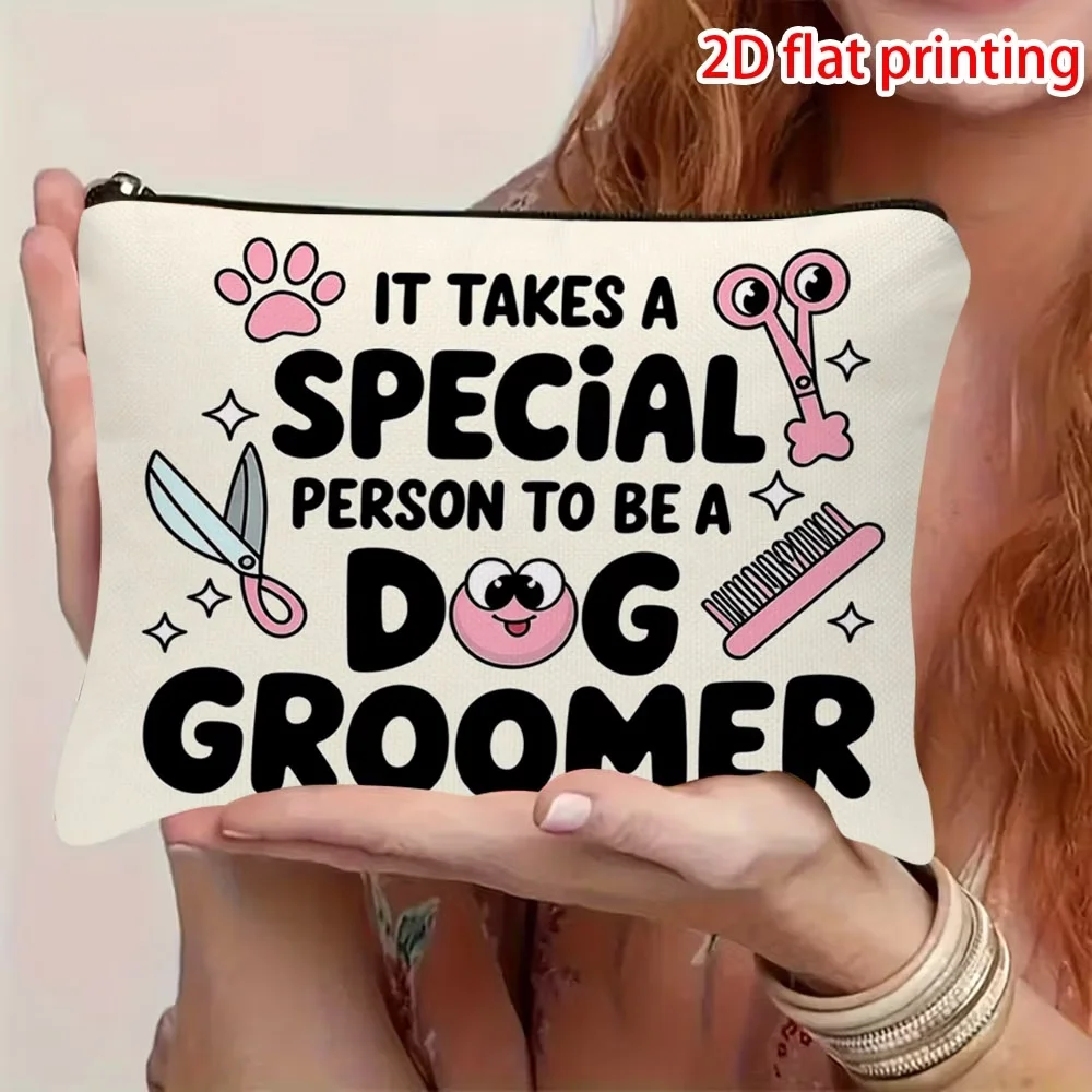 1Pc 2D Cute Dog Groomer Print Makeup Bag, Zipper Pouch with Paw Scissors Comb Details, Durable Gift for Pet Lovers Travel Daily