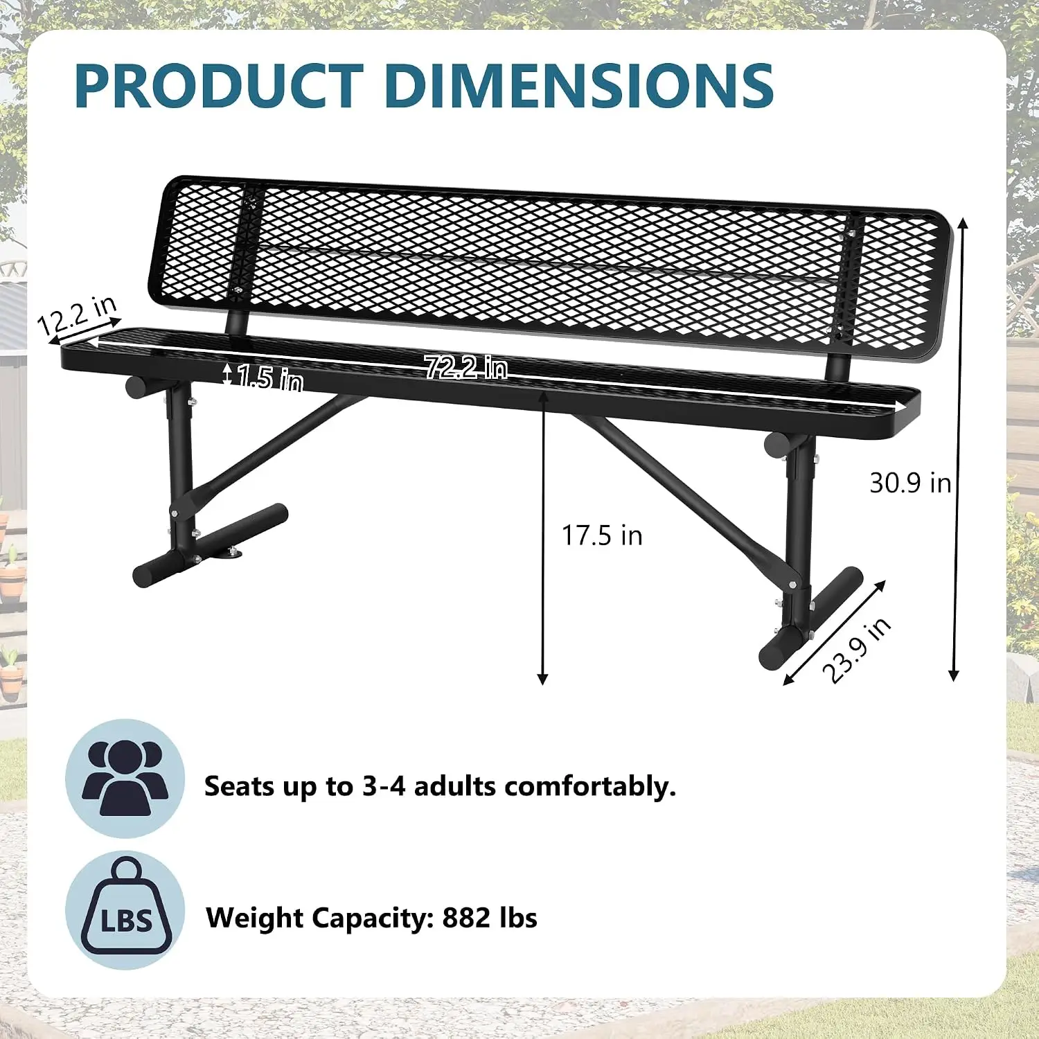6 FT Outdoor Metal Park Bench, Heavy Duty Expanded Mesh Patio Bench with Backrest, Weatherproof Steel Bench for Yard, Garden