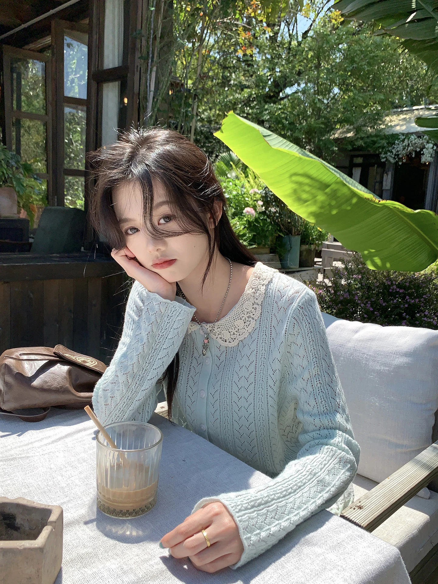 

Hollyii Korean Style Soft Lace Hook Flower Doll Collar Splice Knitted Open Cardigan Women's Spring Summer New Arrival