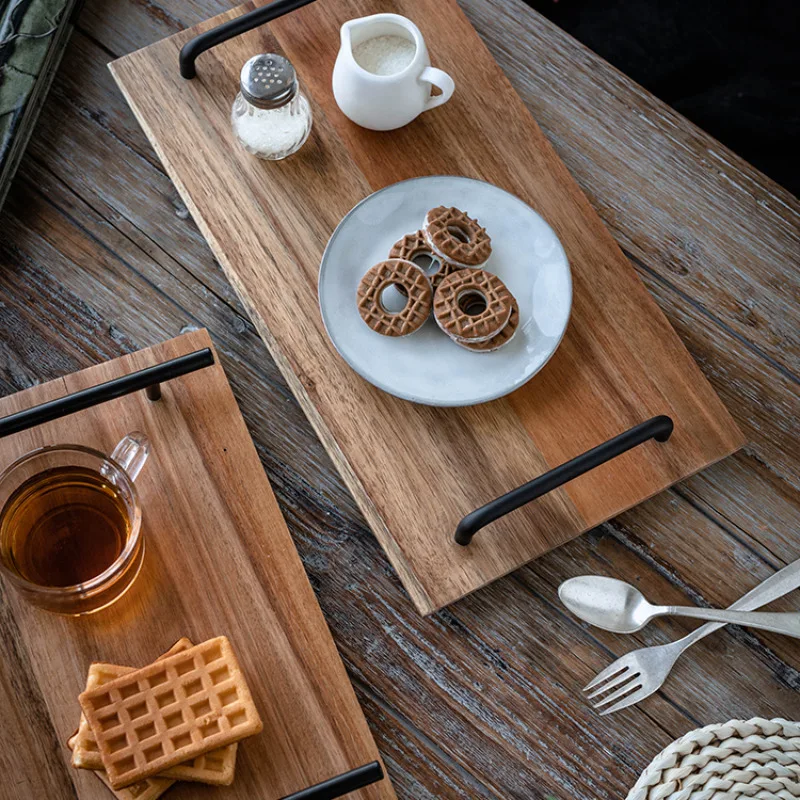 Japanese Acacia Wood Tray with Long Ear Belt, Ideal for Cafe Home Breakfast, Bread Dim Sum Sushi Tea Serving Tray