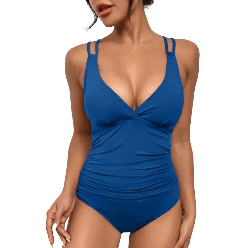 Women Solid Colors One-Piece Suits Slip Swimsuits Summer V Neck Pleated Backless Bathing Suits Sexy New Women Tankini Beachwear