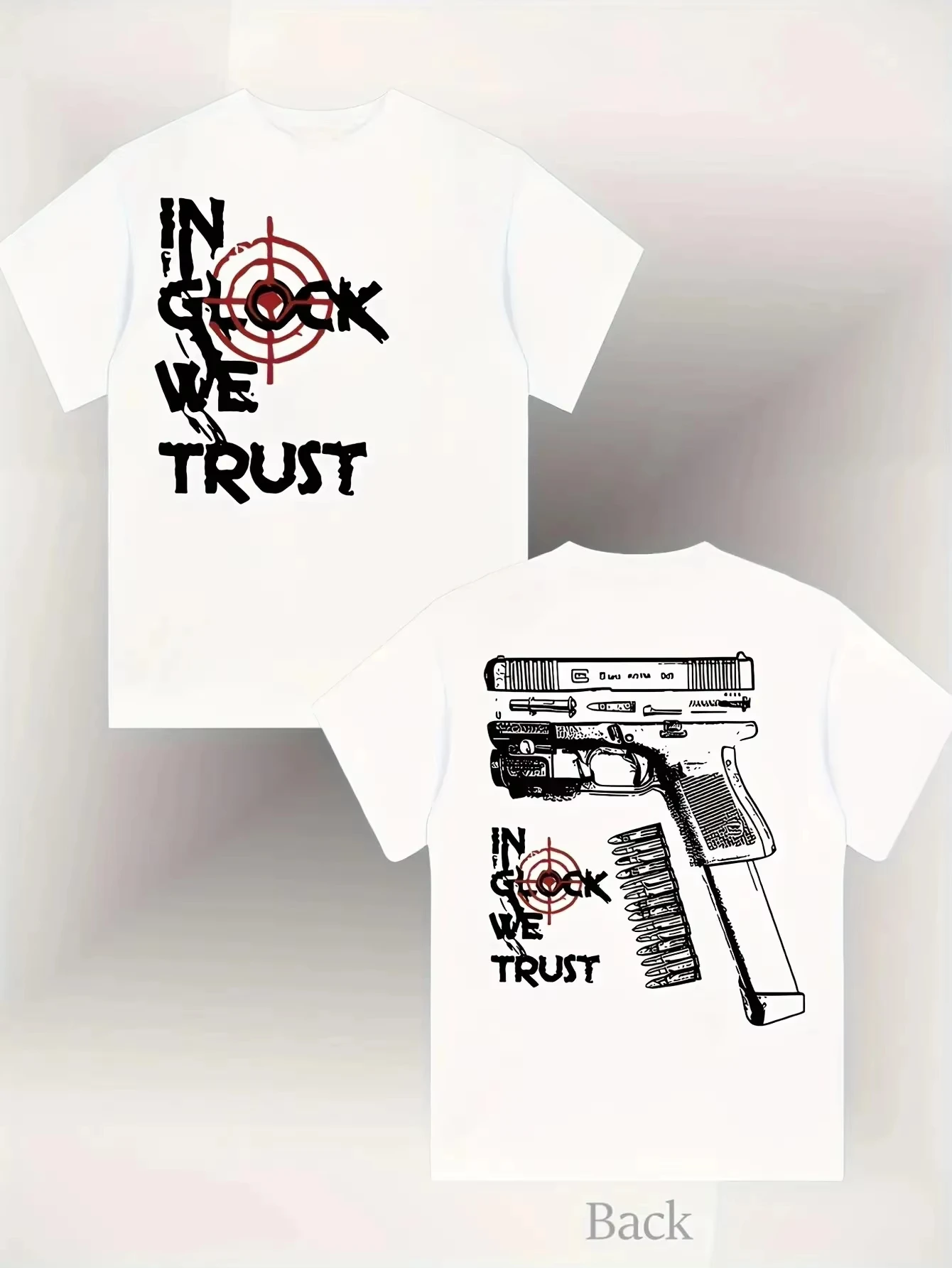 2026 New Cool Double Sided Printed Edgy _IN CLOCK WE TRUST_ Design with Gun and Target Pattern T-shirt Retro T-shi