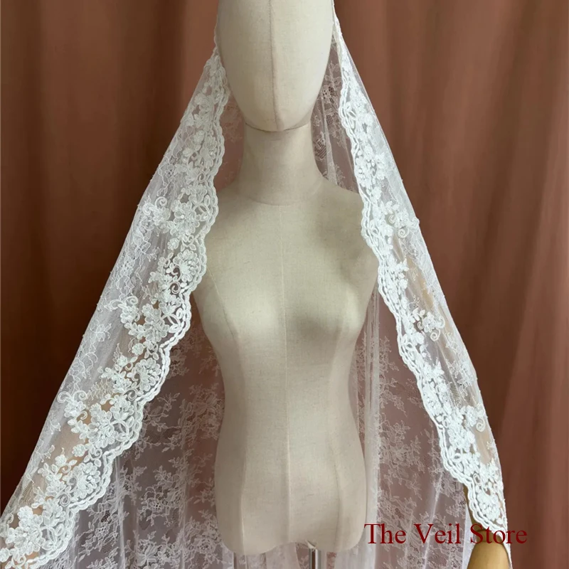 3 M Wide Mantilla Wedding Bridal Veils Lace With Bone Trim Accessories Chantilly Catholic For Brides Vintage Elegant Floral Long image 4