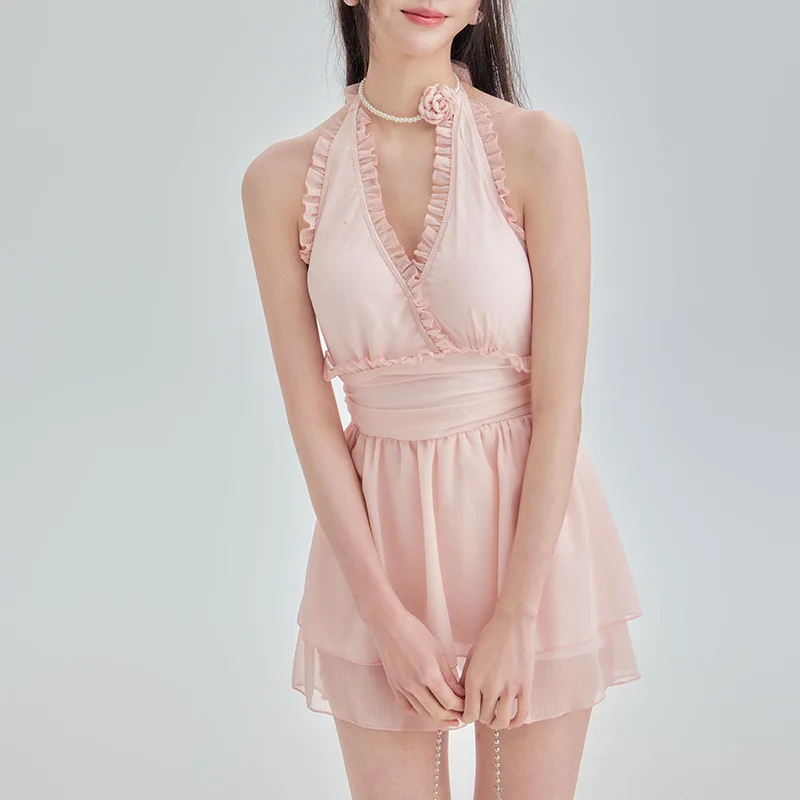 Lolita – maillot de bain une pièce pour filles, bretelles fines, couleur unie, volants, col licou, dos ouvert, robe conservatrice, pour femmes, plage