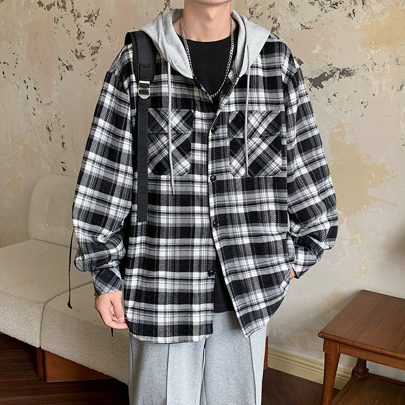 

Autumn Retro Plaid Shirt American Trend Hooded Casual Men's Jacket Fashion Loose Long-sleeved Men Women Clothing