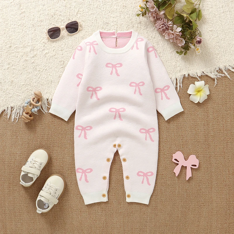 

Baby Girl Romper Knitted White Fashion Long Sleeve Newborn Infantil Bowknot Pattern Jumpsuits Children Outfits One Piece Clothes
