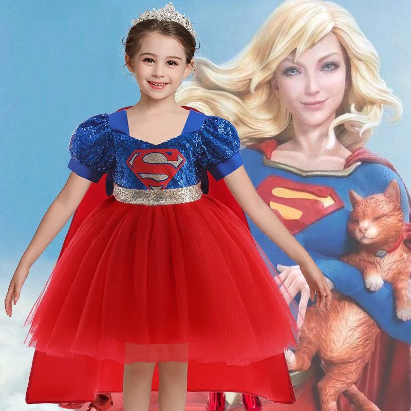 

Children's Day Supergirl Cosplay Costume Superhero Beautiful Dress Stage Performance Carnival Party Outfits Girls Birthday Gifts