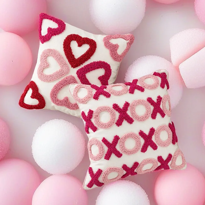 

Розовая наволочка с вышивкой и петлями, 45x45 см, наволочка в форме сердца с геометрическим рисунком, День святого Валентина, Свадебная комната, домашний декор