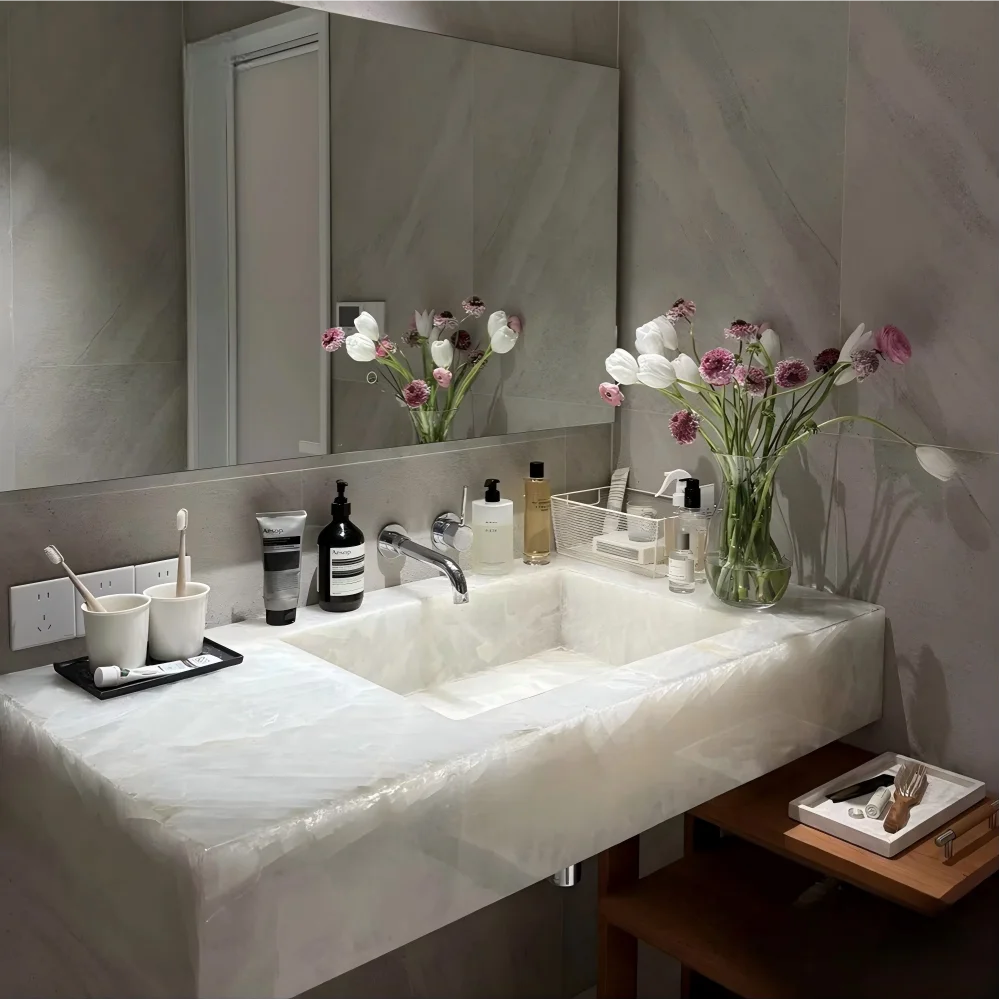 Jade Stone Undermount Basin, Luxury Stone Vanity for Hotel & Villa, Heat & Scratch Resistant, Antibacterial, Customizable